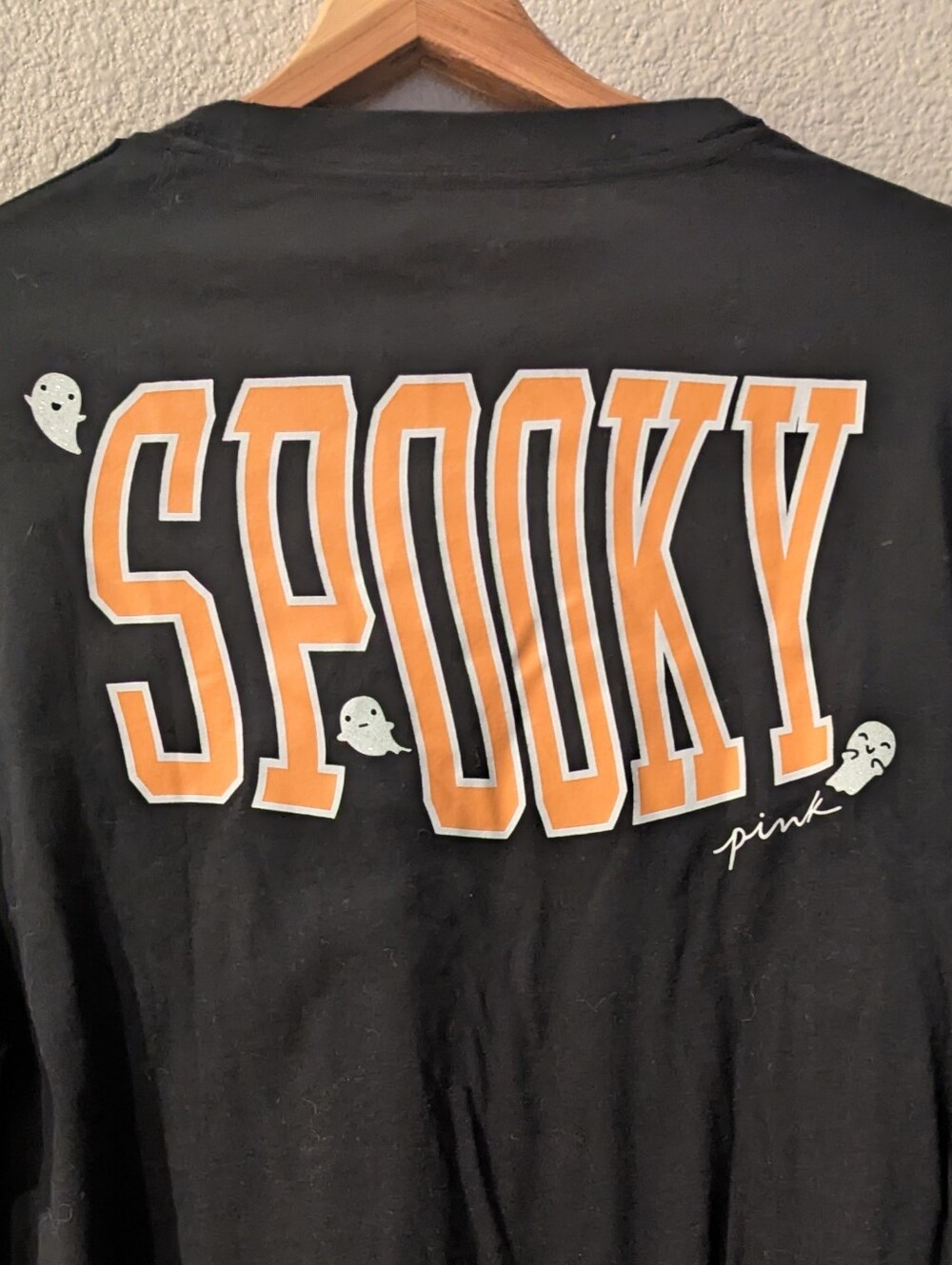PINK Victoria Secret Campus Black "Spooky" Graphic Long-Sleeve T-Shirt Large